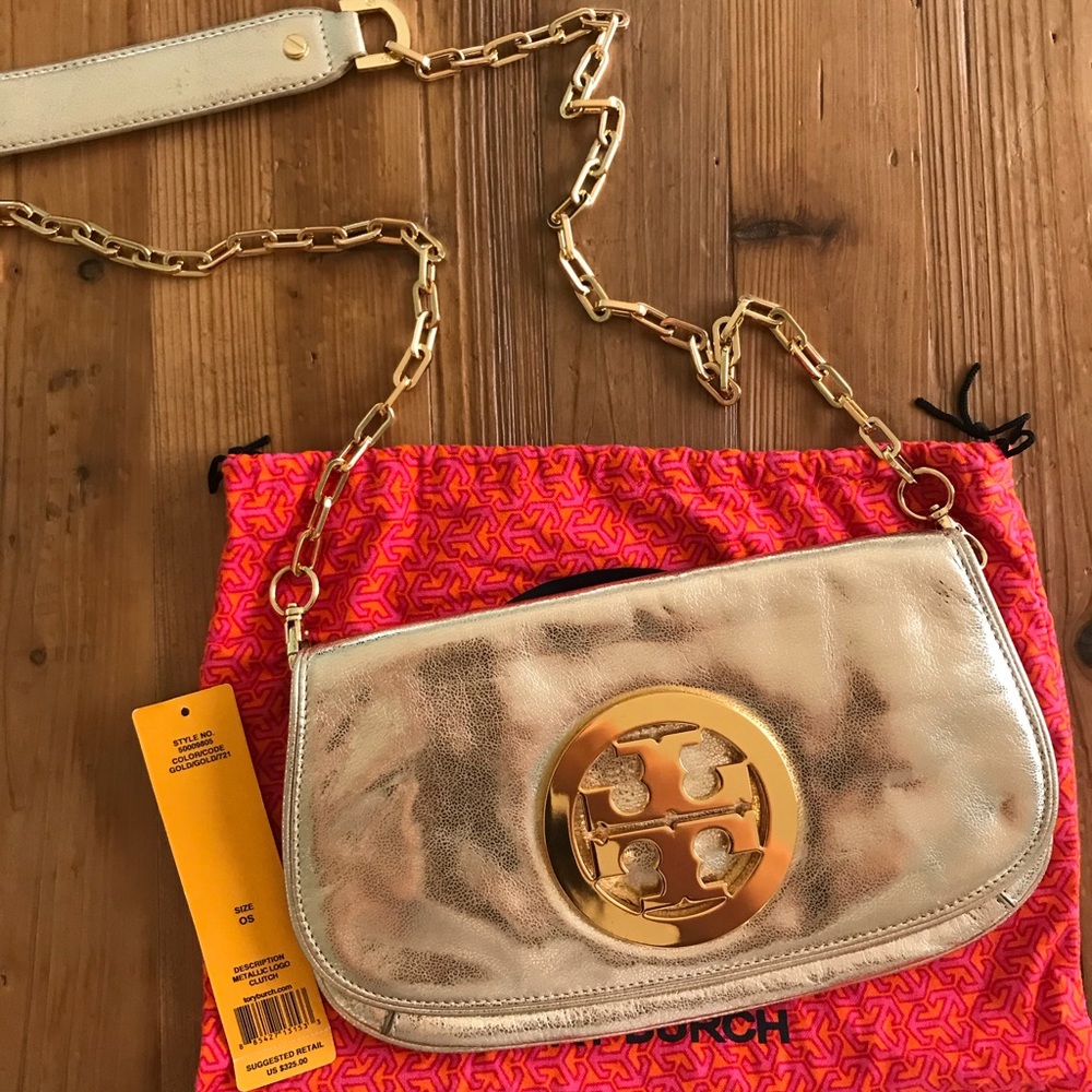 Tory Burch Gold Metallic logo clutch